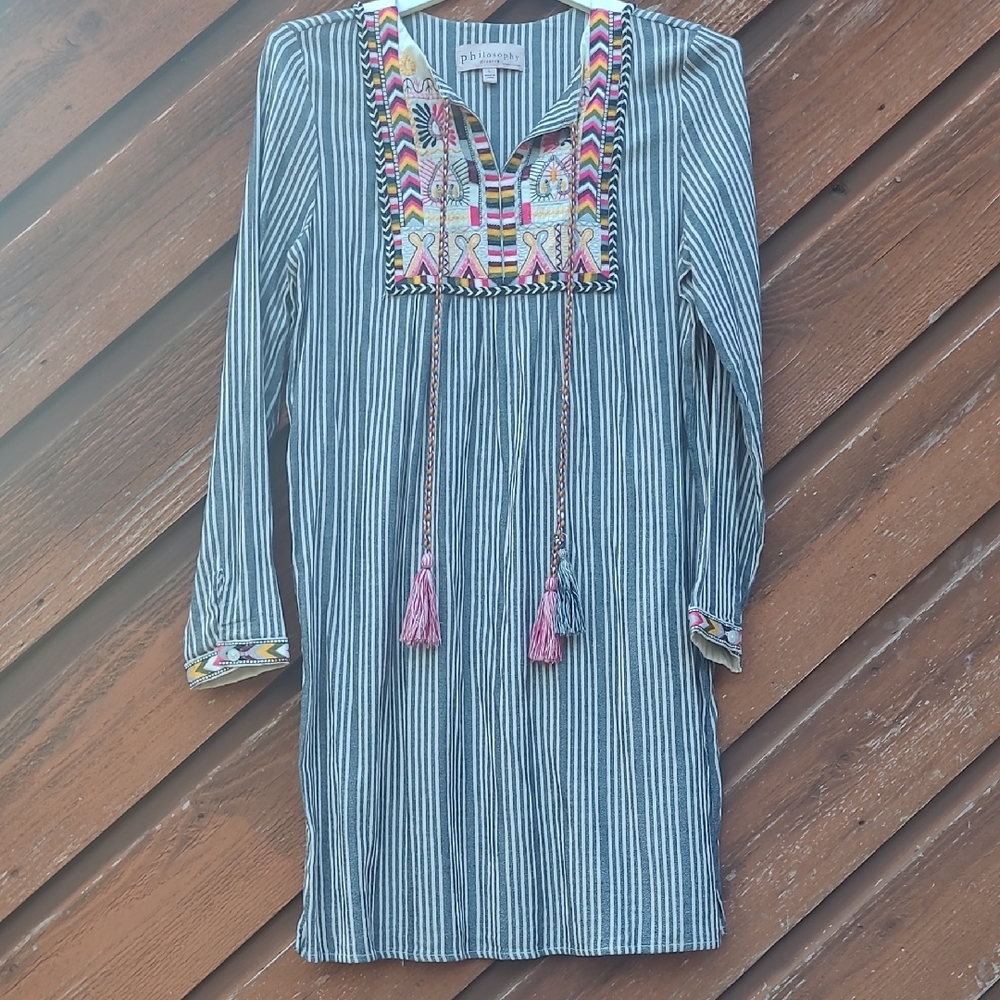 NWOT Philosophy Boho Striped Tunic Dress with Embroidered TasseledDetails